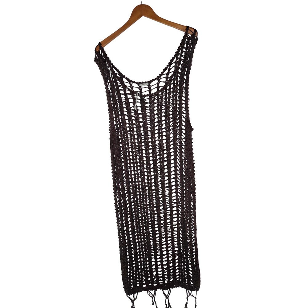 Indra‎ Imports Crochet Knit Maxi Dress Tunic Cover Up Brown Free Size Fringe